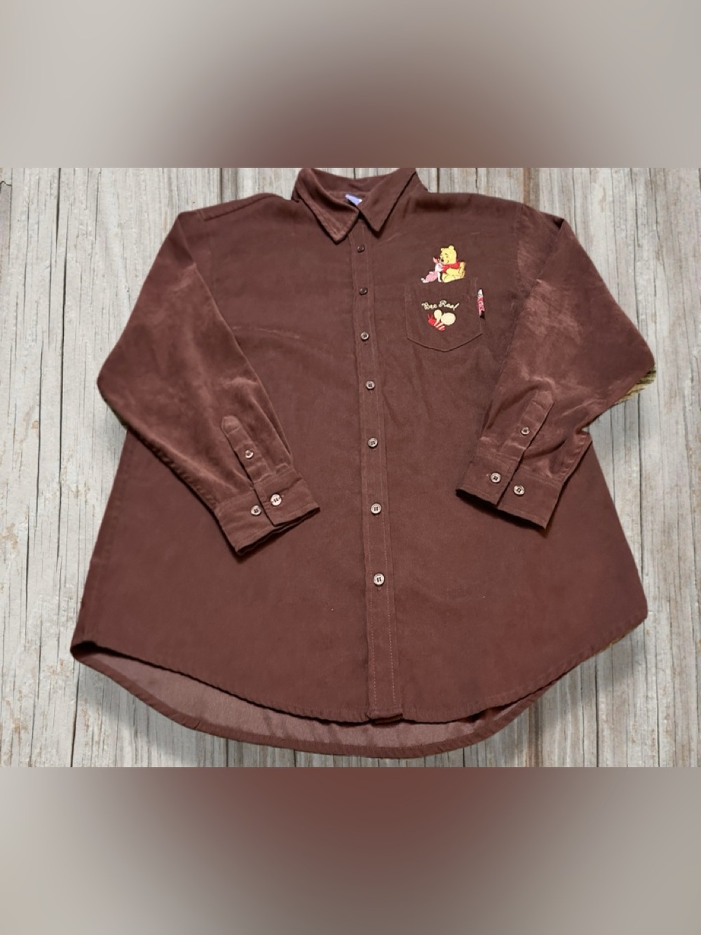 Disney Men's Corduroy Button-Down Shirt in Brown with Pooh Pocket Embroidery L